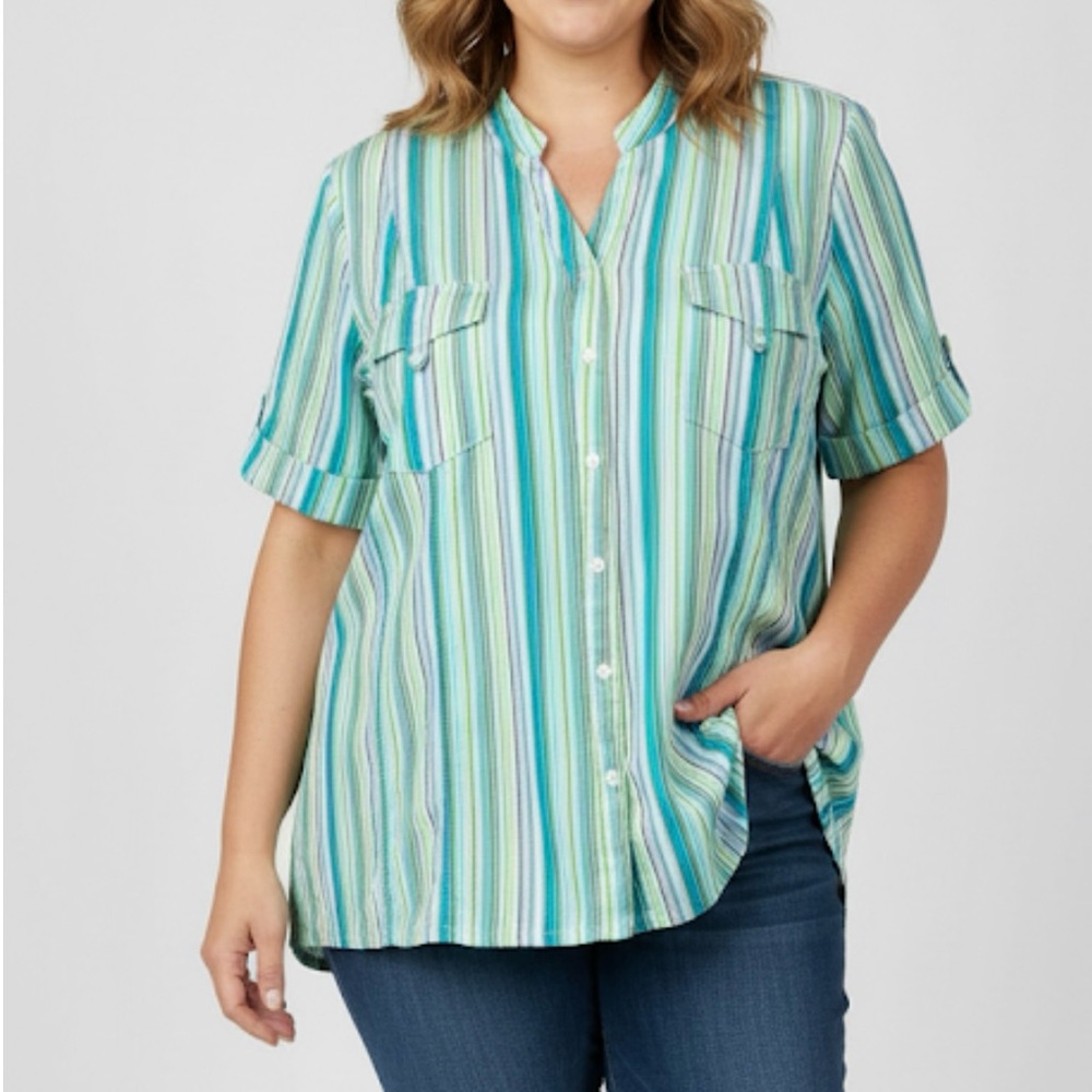 Maggie Barnes Blue Green‎ Striped Short Sleeve Button Up Shirt Size 5X
